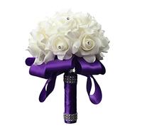 Wedding Bride Bouquet Holding flowers Crystal Diamond Foam Roses Holding flowers with Beautiful Ribbon Bridal Bridesmaid Wedding Bouquet Artificial Silk Flowers Hand Holding (18cm) (Purple, 18cm*24cm)