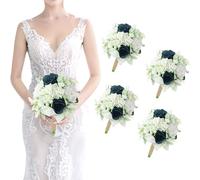 Wedding Bridesmaid Bouquet Set of 4 - Artificial Flowers Bouquets for Bridesmaids Pre-Made 7 Inch Faux Small Floral Bouquets Bridal Shower, Wedding, Ceremony, Anniversary - White Teal Blue