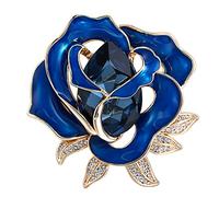Wedding Brooch 18k Gold Plated Crystal Rose Flower Enamel Brooch, Women's Flower and Leaf Pin for Ladies Jewelry, Gold Tone (Blue 2.3" x 2.3")