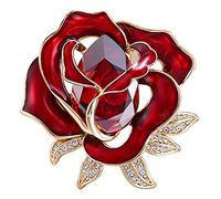 Wedding Brooch 18k Gold Plated Crystal Rose Flower Enamel Brooch, Women's Flower and Leaf Pin for Ladies Jewelry, Gold Tone (Red 2.3" x 2.3")