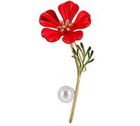 Wedding Brooch 18k Gold Plated Flower Enamel Brooch, Blooming Plum Blossoms with Green Leaf and Faux Pearl Pin for Ladies Jewelry (Red 2.8" x 1.2")