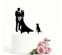 Wedding Cake Topper Mr & Mrs Bride Hold Groom with Flowers Besides Pet Dog Black Silhouette Cake Party Engagement