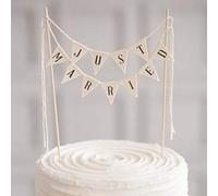 Wedding Cake Topper,Vintage Affair Rustic Just Married Wedding Cake or Cheese Bunting,Handmade Pennant Flags with Wood Pole Ivory(White)