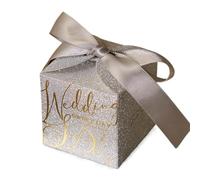 Wedding Candy Box With Pearl Ribbon Bow Gift Chocolate Glitter Powder Shell(Color01,50pcs,8.2x8.2x8.2cm)