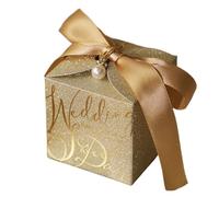 Wedding Candy Box With Pearl Ribbon Bow Gift Chocolate Glitter Powder Shell(D With pearls,50pcs,8.2x8.2x8.2cm)