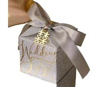 Wedding Candy Box With Pearl Ribbon Bow Gift Chocolate Glitter Powder Shell(F With text,50pcs,8.2x8.2x8.2cm)