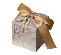 Wedding Candy Box With Pearl Ribbon Bow Gift Chocolate Glitter Powder Shell(G With text,20pcs,6.5x6.5x6.5cm)