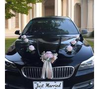 Wedding Car Decoration Garland with Artificial White Flowers and Ribbons Just Married Floral Bouquet with Front Knot for Vehicle Bonnet Hood SUV Truck Bridal Party Car Decor Accessories Pink