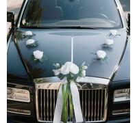 Wedding Car Flowers Decoration - Artificial Floral Bouquet with Ribbons, Just Married Front Automotive Flower Decor for Bridal Party