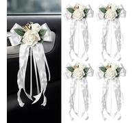 Wedding Car Ribbon Kit, Wedding Car Decorations with Elegant White Floral Arrangements, Secure Attachment for Vehicle Ornamentation, Four Piece Set Measuring