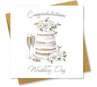 Wedding Card for bride and groom Congratulations on your Wedding Day. Cake Design with Gold Foil text. 150x150mm when folded. Supplied with Gold envelope.