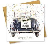 Wedding Card for Bride and Groom. Congratulations on your Wedding Day. Classic Car Design with Gold Foiled text. 150x150mm. Supplied with Gold envelope.