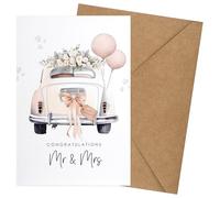 Wedding Card for Bride and Groom, Vintage Car Design with Floral Balloon Bows and Text Tag, Congratulations on Wedding Day Supplied with Kraft Envelope 180x120mm, Thoughtful Gift for the Mr and Mrs