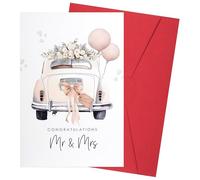 Wedding Card for Bride and Groom, Vintage Car Design with Floral Balloon Bows and Text Tag, Congratulations on Wedding Day Supplied with Kraft Envelope 180x120mm, Thoughtful Gift for the Mr and Mrs