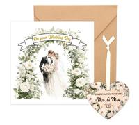 Wedding Card for Bride & Groom, Romantic Wedding Day Greeting Card with Wooden Heart Plaque & Envelope for Engagement Bridal Shower Family Friends Couples Gift