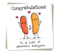 Wedding Card for Couple, Engagement - Funny, Humorous - Bangers, Sausage | for Him, Her, Bride, Groom, Friend, Colleague - from All of Us - Doodle, Red Hearts - Blank Inside, with Envelope