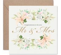 Wedding Card for Couples - Floral Bouquet Mr & Mrs - Congratulations Gifts, Congrats Well Done Card for Friends Family Colleague Neighbour, 145mm Happy Marriage Greeting Cards