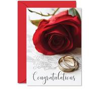 Wedding Card for Women Men - Gold Rings Red Rose - Congratulations Marriage Engagement Cards for Mum Dad Brother Sister Son Daughter, 5x7 Inch Greeting Cards