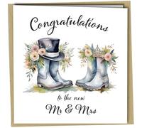 Wedding Card Mr And Mrs Congratulations Boots Hat Crown Floral Rustic Bride Groom Marriage Greeting Card with Envelope #1683