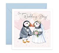 Wedding Card - On Your Wedding Day - Greeting Card for Newlyweds, Friend, Neghbour, Colleague, Bro, Sis, Bestie, BFF, Him, Her, Bride, Groom - Cute Puffins Married - Comes with Stickers