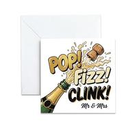Wedding Card - Pop Fizz Clink Champagne Design - Congratulations Wedding Card for Mr and Mrs, Bride and Groom - Modern Retro Style Greeting Cards with Envelope