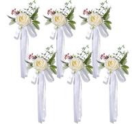 Wedding Chair Back Flowers, Chair Decoration With Artificial Flowers, Flower Decorations Church Chair Bench For Wedding Ceremony, Party, Reception, Eucalyptus And Ribbons (6, white)
