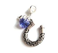 Wedding Charm Gift for the Bride - Large Silver Horseshoe Pendant with attached Something Blue Swarovski Elements Sapphire Heart Charm - Gift Boxed