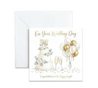 Wedding Congratulations Card For Bride and Groom. Elegant Cake, Champagne, Balloons Design. Happy Marriage Greeting Card for Couple. 13x13cm, Envelope Included