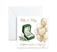 Wedding Congratulations Card For Bride and Groom. Green Ring Box, Balloons Design. Happy Marriage Greeting Card for Couple. 13x13cm, Envelope Included