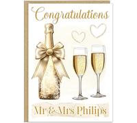 Wedding Congratulations Card for Newlyweds - Elegant Personalised Mr & Mrs Name - Wedding Champagne Bottle with Bows & Glasses - 5 Beautiful Colours Peach Pink Rose Gold Married Couples Cards, Gold
