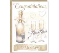 Wedding Congratulations Card for Newlyweds - Elegant Personalised Mr & Mrs Name - Wedding Champagne Bottle with Glasses - 5 Beautiful Colours Peach Pink Rose Gold Married Couples Cards