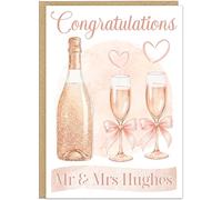 Wedding Congratulations Card for Newlyweds - Elegant Personalised Mr & Mrs Name - Wedding Champagne Bottle with Bows & Glasses - 5 Beautiful Colours Peach Pink Rose Gold Married Couples Cards, Peach