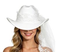 Wedding Cowgirl Hat for Bride White | With Veil Bachelor Party White Headwear - Cowboy Hats for Bachelorette Party,Specially Designed Wedding Shower Dress, Birthday, Girls, Summer, Beach, Women