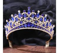 Wedding Crown With Comb Crystal Royal Queen Bridal Tiaras Big Rhinestone Pageant Diadem Head Accessories Gold Blue
