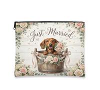 Wedding Dachshund Dog Makeup Bag, Floral Marriage Printed Cosmetic Travel Pouch for Women, Just Married Portable Small Canvas Zipper Organizer 7x9 Inch