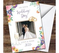 Wedding Day Bright Flowers Floral Flutes Rings Married Photo Personalised Card - Personalised Wedding Day Card, Congratulations On Wedding Day Card For Bride & Groom