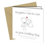 Wedding Day Card for Daughter and Son-in-Law, Stick Figure Design with Heart, White and Kraft Paper - cb008