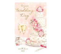Wedding Day Card with Verse - Pink Rose Cake with Champagne Glasses and Gold Foil 9x6"