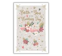 Wedding Day Congratulations Card - Both of You - Contemporary Floral Design With Love Hearts - Special Finishes and Illustrated Insert Leaf - Made in the UK - Eco-Friendly
