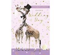Wedding Day Congratulations Card - Bride and Groom Giraffes - Special Finish and Illustrated Insert Leaf - Made in the UK - Eco-Friendly