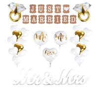 Wedding Decorations Just Married Set, 26 Pcs Anniversary Party Supplies Includes MR & MRS Foil Balloons Banners Signs Hearts Diamond Rings for Wedding Engagement Bridal Shower Party Decor