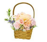 Wedding Decorative Basket - Small Woven Storage Basket, Rustic Jute Fiber Blend, Curved Wood Bow Handle, Flat Circular Base | Shelf Interior Decor Accent