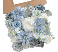 Wedding DIY Floral Kit Containing 16 Realistic Silk Flowers Including Roses Peonies Orchids for Handmade Arrangements (Shallow blue)