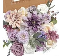 Wedding DIY Floral Kit Containing 16 Realistic Silk Flowers Including Roses Peonies Orchids for Handmade Arrangements (Purple)