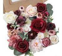 Wedding DIY Floral Kit Containing 16 Realistic Silk Flowers Including Roses Peonies Orchids for Handmade Arrangements (Red wine)
