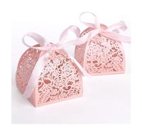 Wedding Favour Boxes 50/100pcslot Ribbon Pyramid Laser Cut Wedding Favor Candy Gift Chocolate Box White Pink(Pink,50pcs)