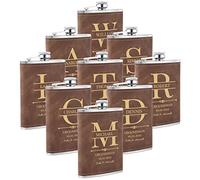 Wedding Flasks for Groomsmen Set of 9, Personalised Groomsmen Gift, Custom Engraved Liquor Whiskey 304 Steel Stainless Flask for Best Man Groom Father of Bride, Brown