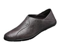 Wedding Formal Shoes for Men Low Cut Flat Moccasins Without Lacing Slip On Loafers Square Toe Leather Shoe Block Heel Non Slip Footwear for Casual Business Events (Grey, 6.5)