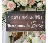 Wedding Funny Ring Bearer Sign, For Once She's On Time...Here Comes The Bride Wood sign Customizable Ceremony Farm Country Rustic Decor 5x10 Inches