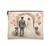 Wedding German Wirehaired Pointer Makeup Bag, Luxury Floral Marriage Cosmetic Travel Pouch for Women, Portable Small Canvas Zipper Organizer, Dog Toiletry Bag 7x9 Inch